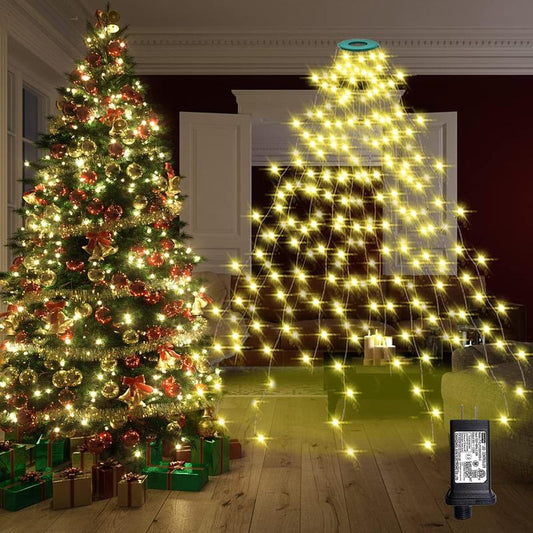 Christmas Tree Lights with Ring – 8.2 ft × 16 Lines, 448 LED Cascading Fairy String Lights, 8 Lighting Modes, Waterproof (Warm White)